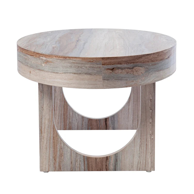 Moderner ovaler Couchtisch in Marmoroptik mit geometrischen Beinen