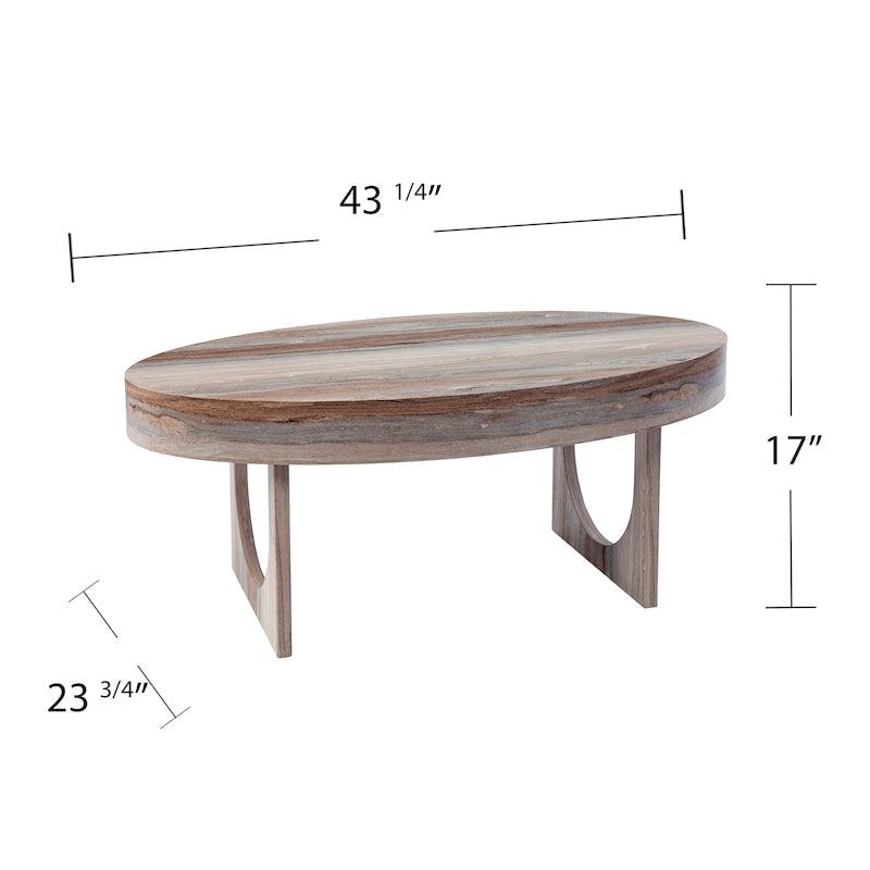Moderner ovaler Couchtisch in Marmoroptik mit geometrischen Beinen