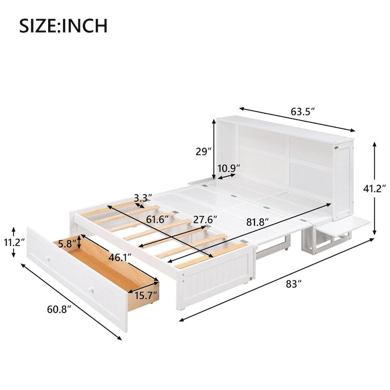 Queen Wall Murphy Bed with Storage Drawer and Side Shelves