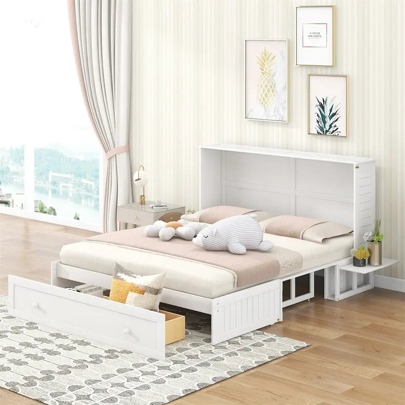 Queen Wall Murphy Bed with Storage Drawer and Side Shelves