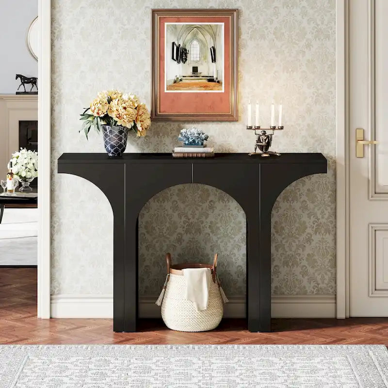 Mesa consola de 47 pulgadas, mesa para sofá negra detrás del sofá, mesa vintage moderna para entrada o pasillo