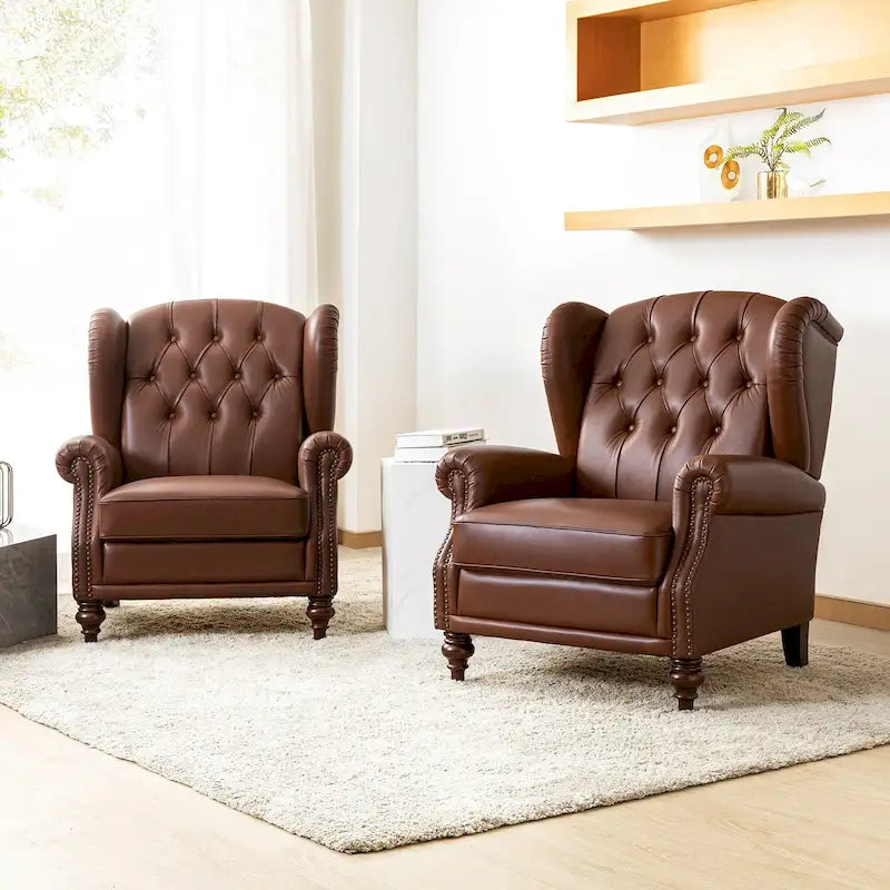 Sessel mit hoher Rückenlehne im Wingback-Stil, Kunstlederbezug und Beinen aus Massivholz