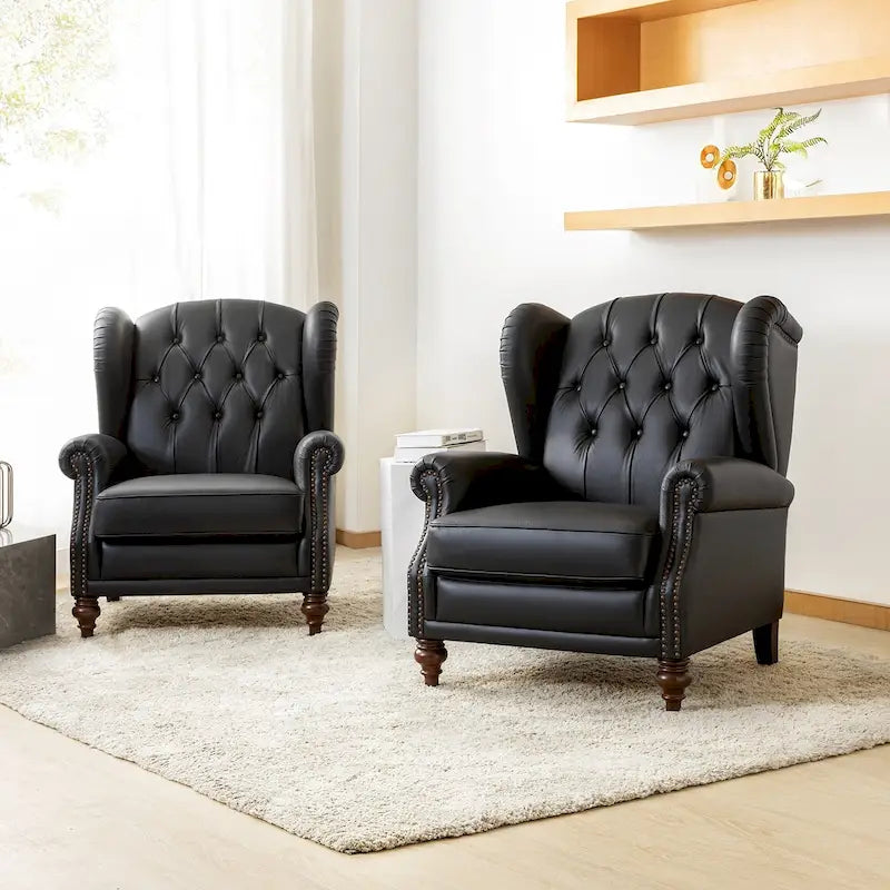 Sessel mit hoher Rückenlehne im Wingback-Stil, Kunstlederbezug und Beinen aus Massivholz