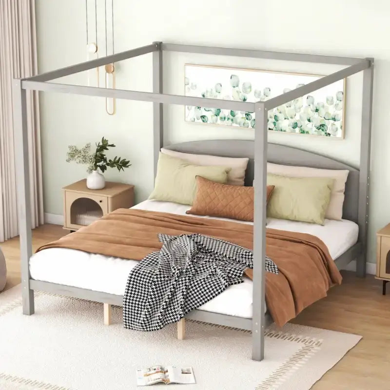 Cama con dosel tamaño King y plataforma, con cabecero y patas de soporte