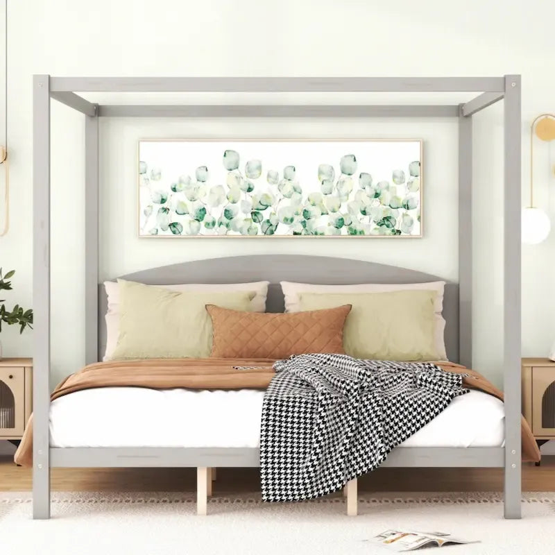 Cama con dosel tamaño King y plataforma, con cabecero y patas de soporte