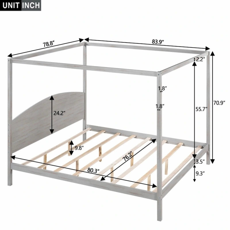 Cama con dosel tamaño King y plataforma, con cabecero y patas de soporte