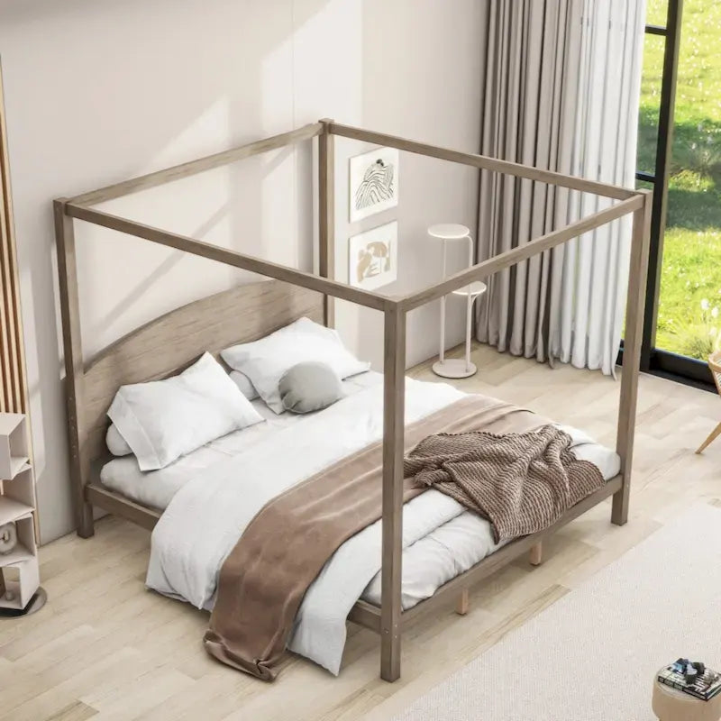 Cama con dosel tamaño King y plataforma, con cabecero y patas de soporte