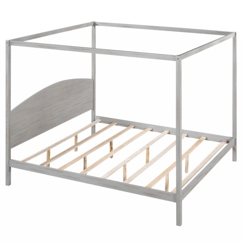 Cama con dosel tamaño King y plataforma, con cabecero y patas de soporte