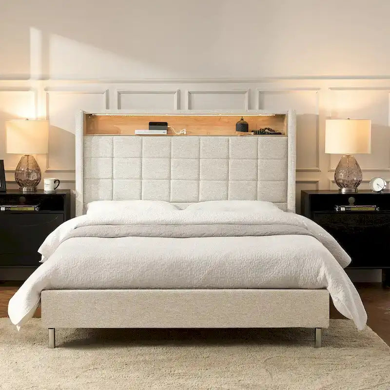 Cama con plataforma tapizada, cabecero con almacenamiento, luz LED RGB y estación de carga