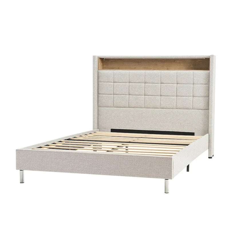 Upholstered Platform Bed with Storage Headboard, RGB LED Light and Charging Station
