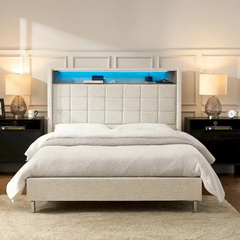 Cama con plataforma tapizada, cabecero con almacenamiento, luz LED RGB y estación de carga