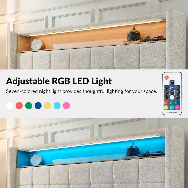 Upholstered Platform Bed with Storage Headboard, RGB LED Light and Charging Station