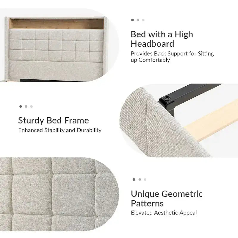 Upholstered Platform Bed with Storage Headboard, RGB LED Light and Charging Station