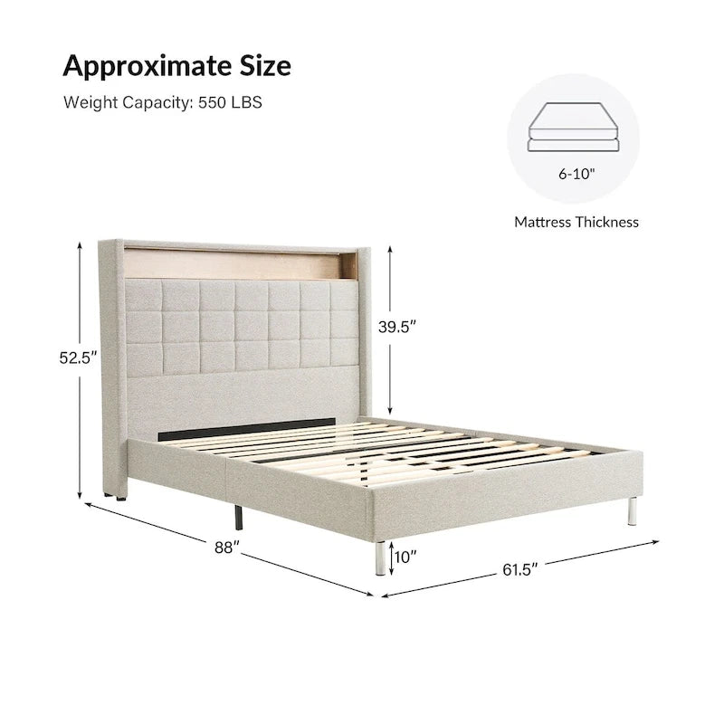 Upholstered Platform Bed with Storage Headboard, RGB LED Light and Charging Station