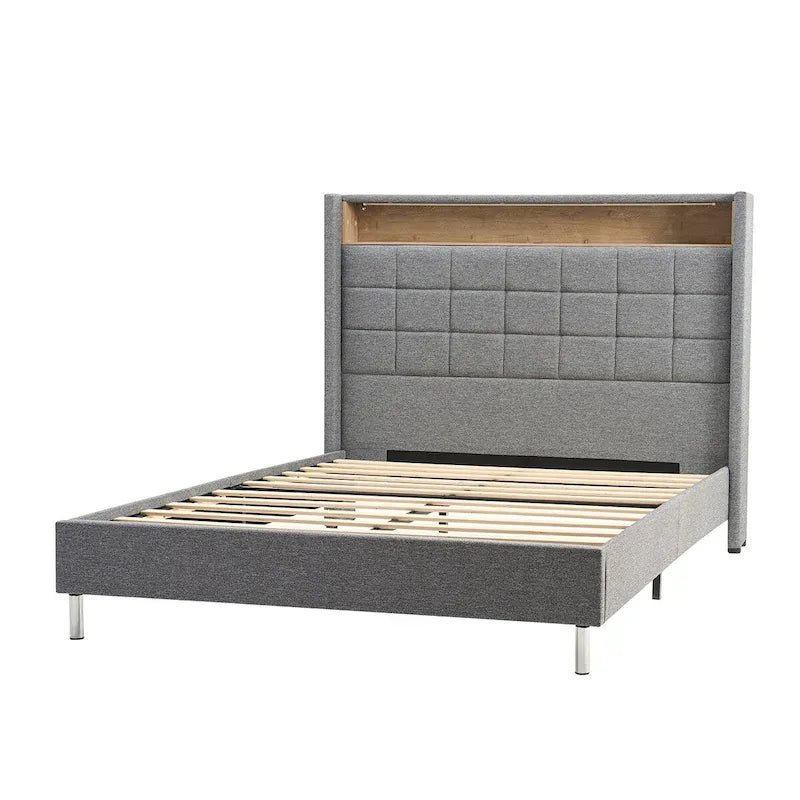 Upholstered Platform Bed with Storage Headboard, RGB LED Light and Charging Station