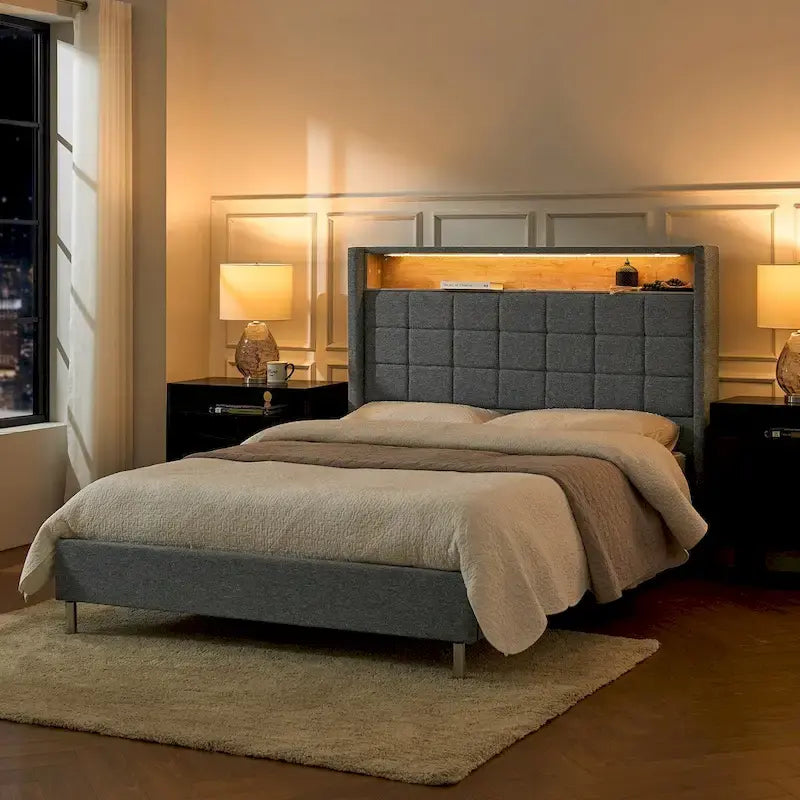 Upholstered Platform Bed with Storage Headboard, RGB LED Light and Charging Station