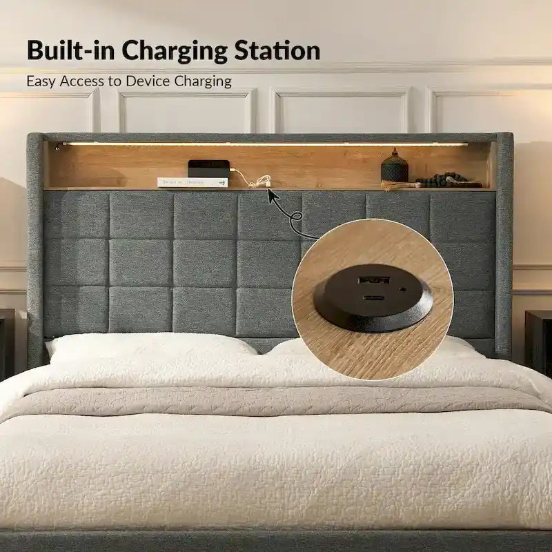 Upholstered Platform Bed with Storage Headboard, RGB LED Light and Charging Station