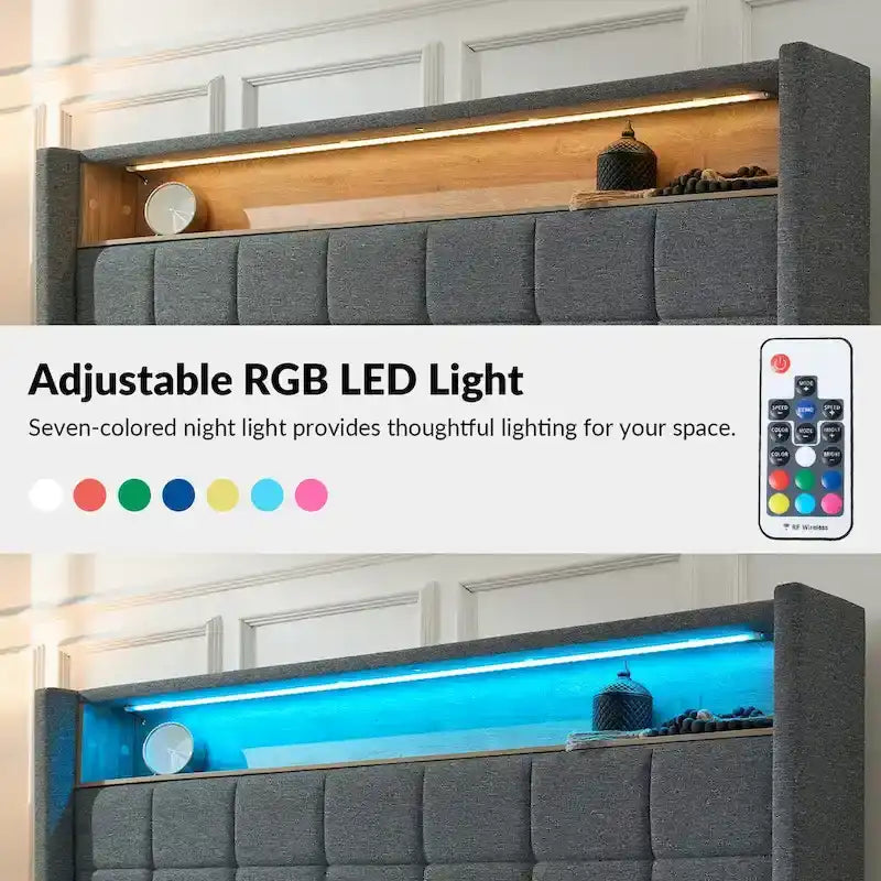 Upholstered Platform Bed with Storage Headboard, RGB LED Light and Charging Station