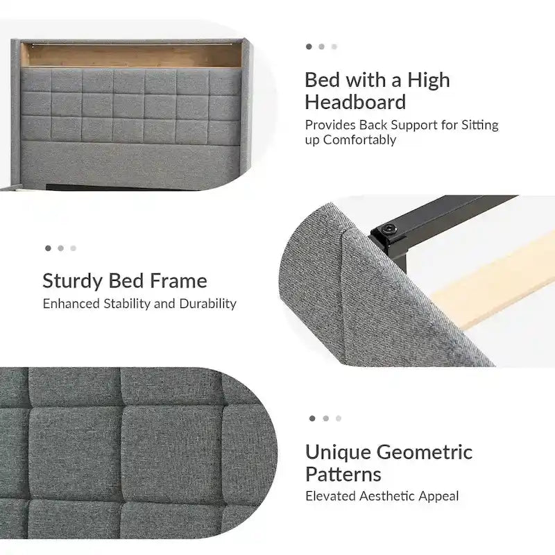 Upholstered Platform Bed with Storage Headboard, RGB LED Light and Charging Station