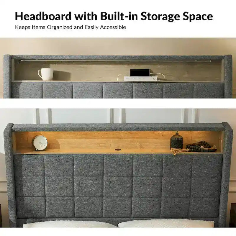 Upholstered Platform Bed with Storage Headboard, RGB LED Light and Charging Station