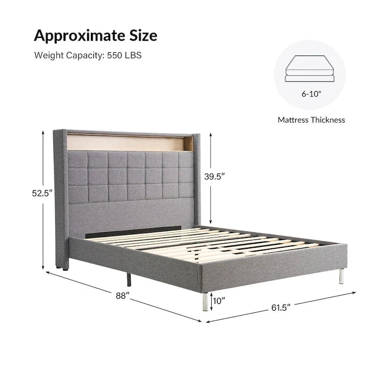 Upholstered Platform Bed with Storage Headboard, RGB LED Light and Charging Station