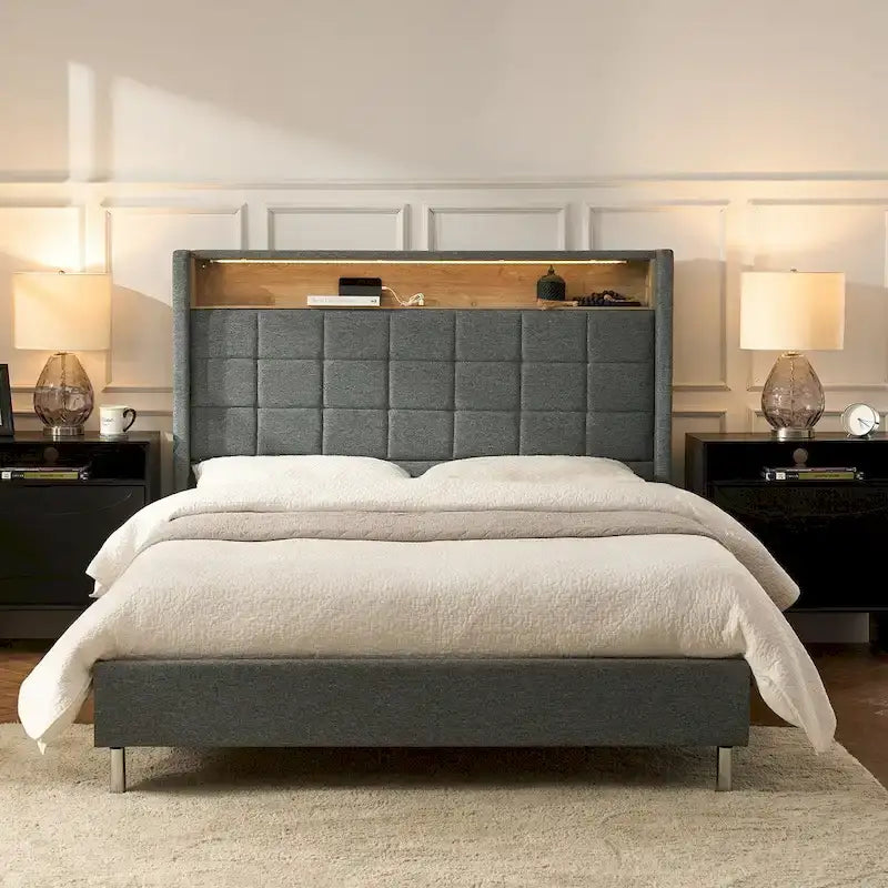 Upholstered Platform Bed with Storage Headboard, RGB LED Light and Charging Station