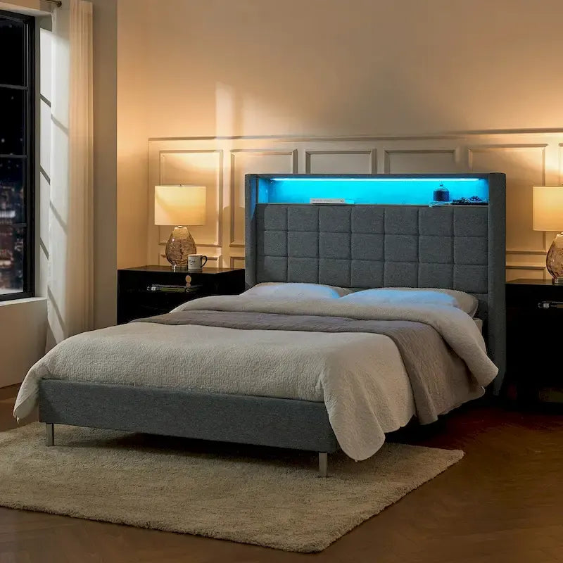 Upholstered Platform Bed with Storage Headboard, RGB LED Light and Charging Station