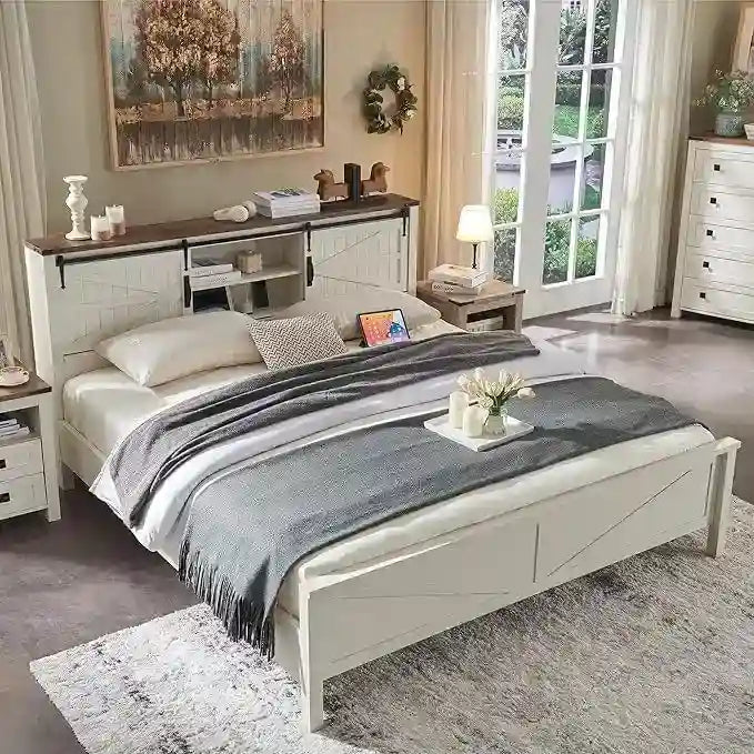 Estructura de cama tamaño Queen estilo granja con estantes de almacenamiento y estación de carga
