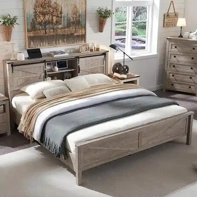 Estructura de cama tamaño Queen estilo granja con estantes de almacenamiento y estación de carga