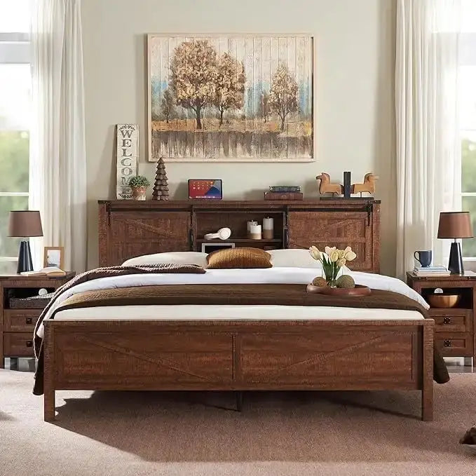 Estructura de cama tamaño Queen estilo granja con estantes de almacenamiento y estación de carga