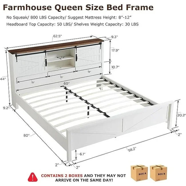 Estructura de cama tamaño Queen estilo granja con estantes de almacenamiento y estación de carga