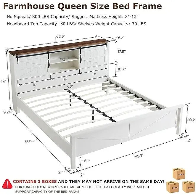 Estructura de cama tamaño Queen estilo granja con estantes de almacenamiento y estación de carga