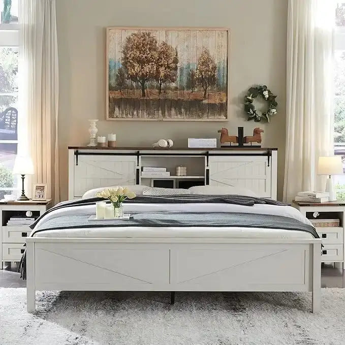 Estructura de cama tamaño Queen estilo granja con estantes de almacenamiento y estación de carga