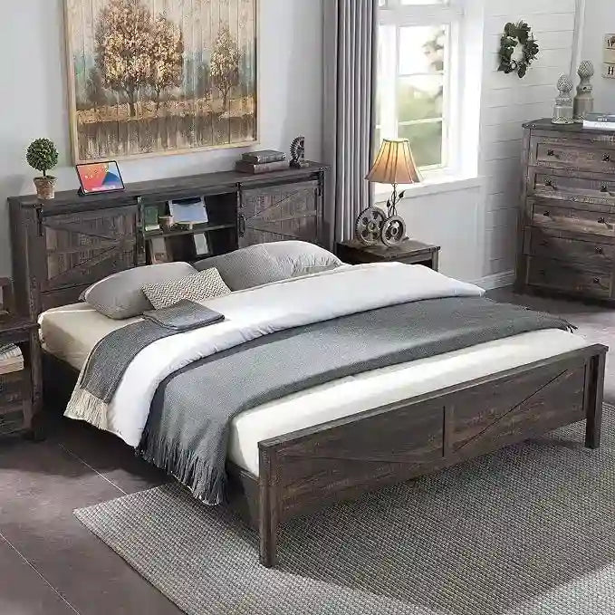 Estructura de cama tamaño Queen estilo granja con estantes de almacenamiento y estación de carga