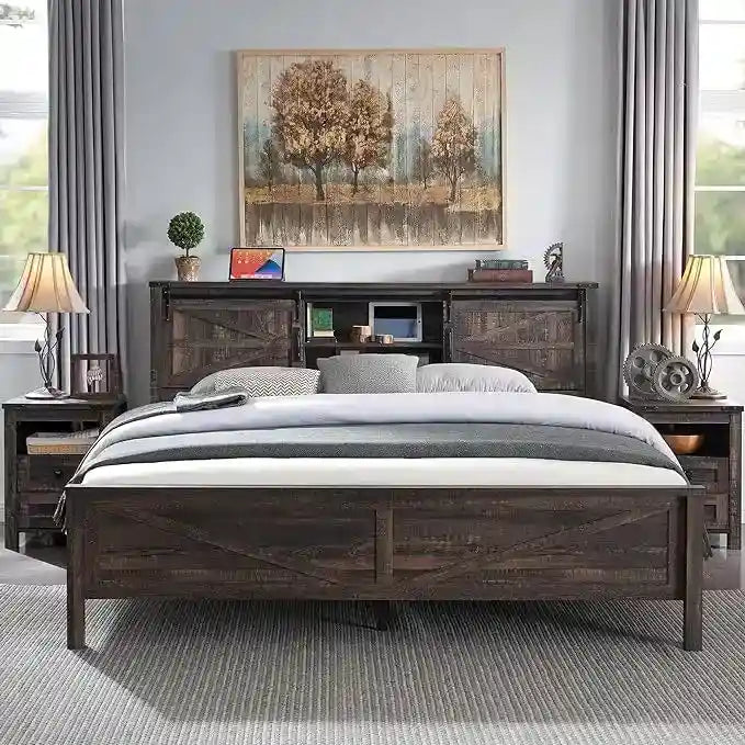 Estructura de cama tamaño Queen estilo granja con estantes de almacenamiento y estación de carga