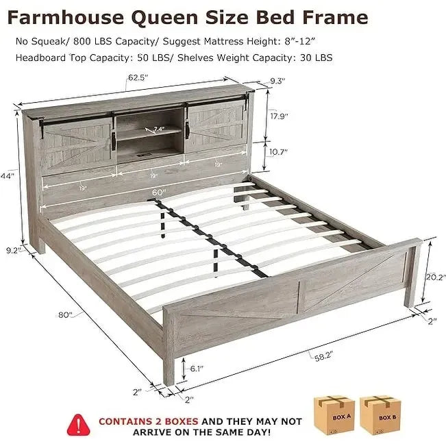 Estructura de cama tamaño Queen estilo granja con estantes de almacenamiento y estación de carga
