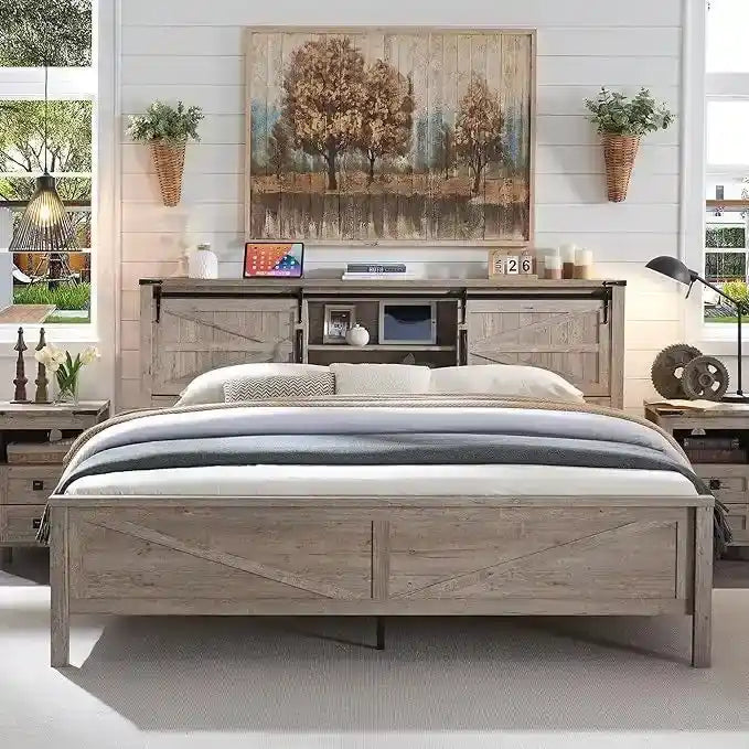 Estructura de cama tamaño Queen estilo granja con estantes de almacenamiento y estación de carga