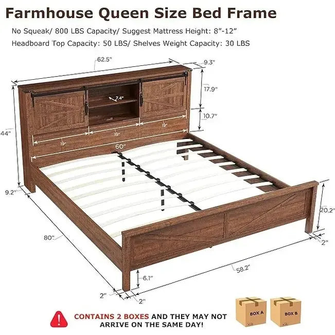 Estructura de cama tamaño Queen estilo granja con estantes de almacenamiento y estación de carga