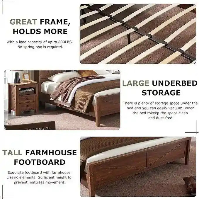 Estructura de cama tamaño Queen estilo granja con estantes de almacenamiento y estación de carga