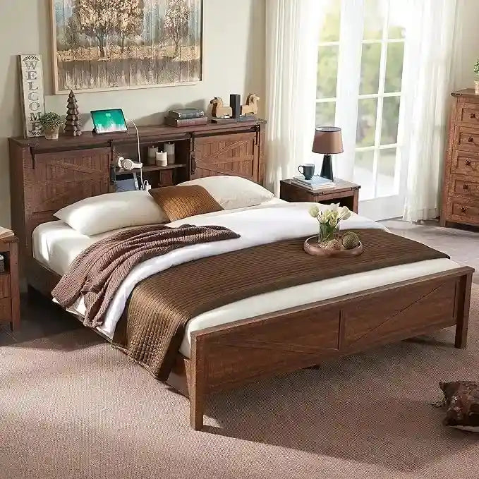 Estructura de cama tamaño Queen estilo granja con estantes de almacenamiento y estación de carga