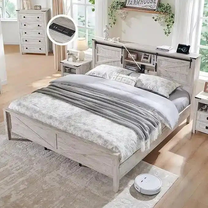 Estructura de cama tamaño Queen estilo granja con estantes de almacenamiento y estación de carga