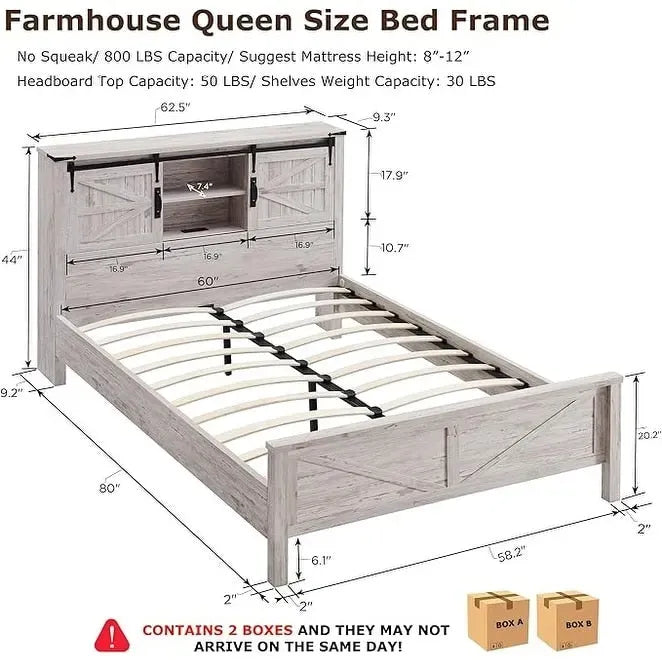 Estructura de cama tamaño Queen estilo granja con estantes de almacenamiento y estación de carga