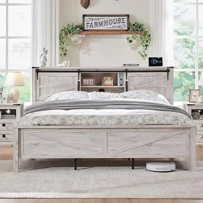 Estructura de cama tamaño Queen estilo granja con estantes de almacenamiento y estación de carga