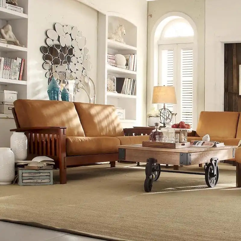 Mission-Style 3-Seater Sofa with Solid Wood Frame and Cushioned Back