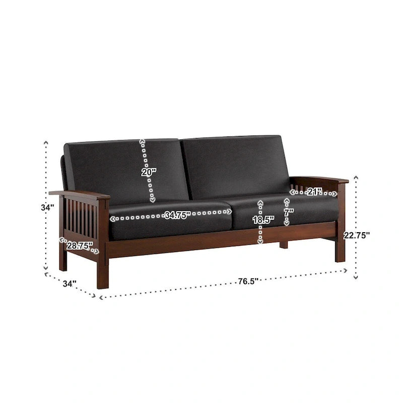 Mission-Style 3-Seater Sofa with Solid Wood Frame and Cushioned Back