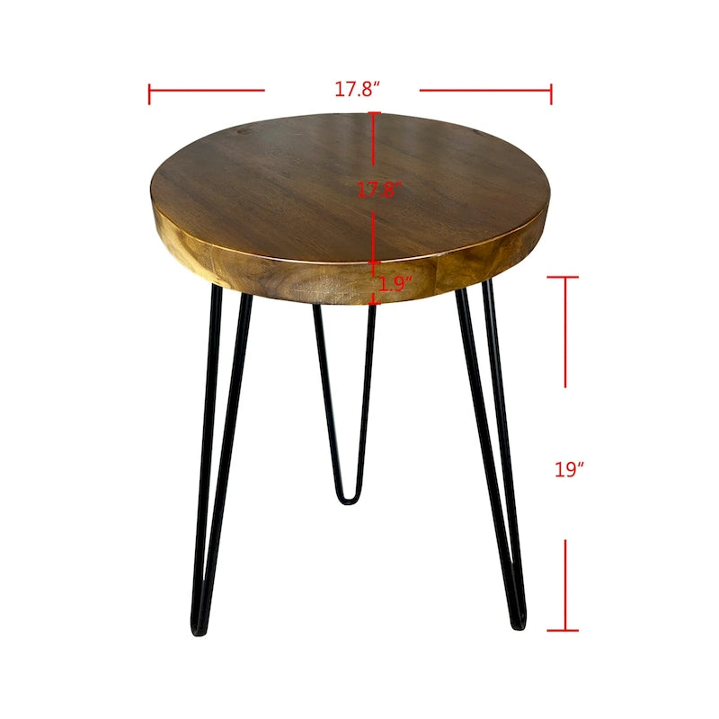 Tavolino laterale in teak massello con bordo vivo e gambe in ferro nero – rotondo o quadrato