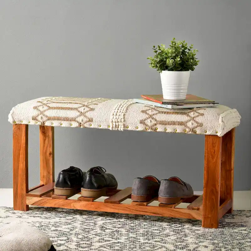 Tapicerowana ławka do przedpokoju i sypialni z 1 półką do przechowywania - 18 H x 34 W x 12 D