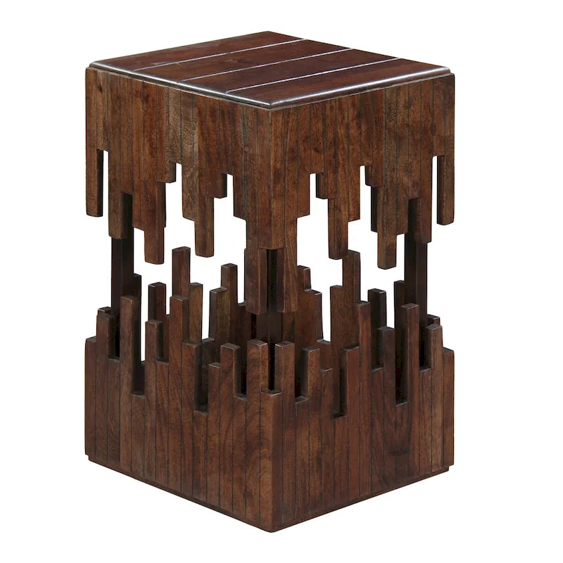 Mesa auxiliar decorativa de 24 pulgadas, madera de acacia marrón, superficie cuadrada de listones, silueta abstracta artesanal, hierro negro