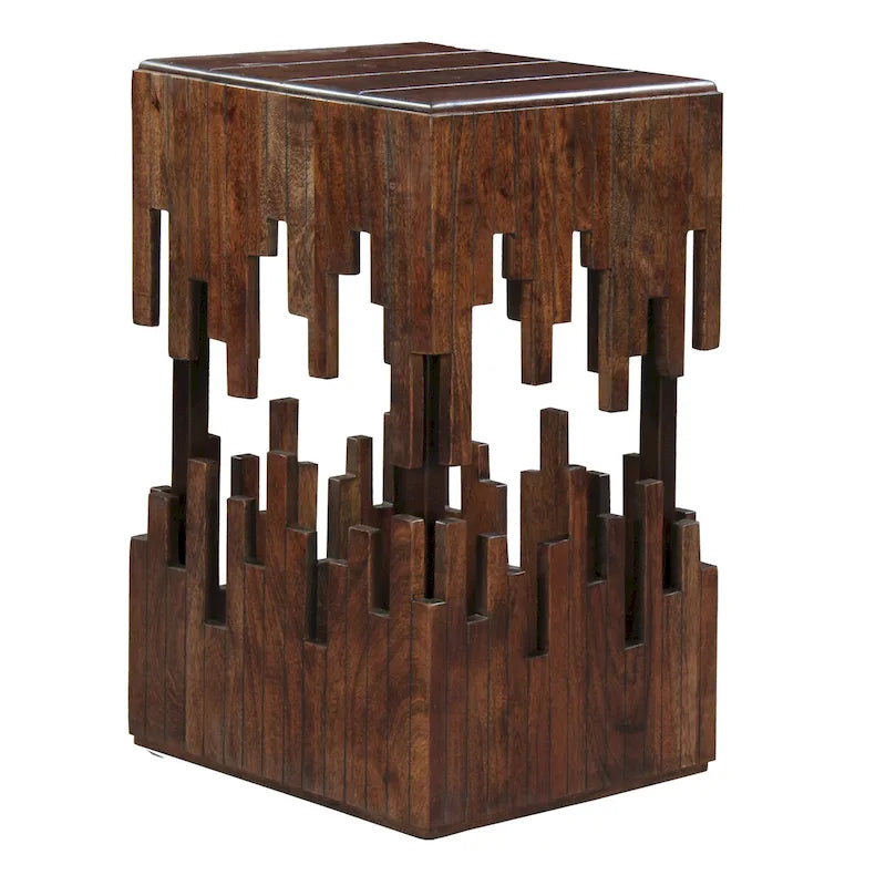 Mesa auxiliar decorativa de 24 pulgadas, madera de acacia marrón, superficie cuadrada de listones, silueta abstracta artesanal, hierro negro