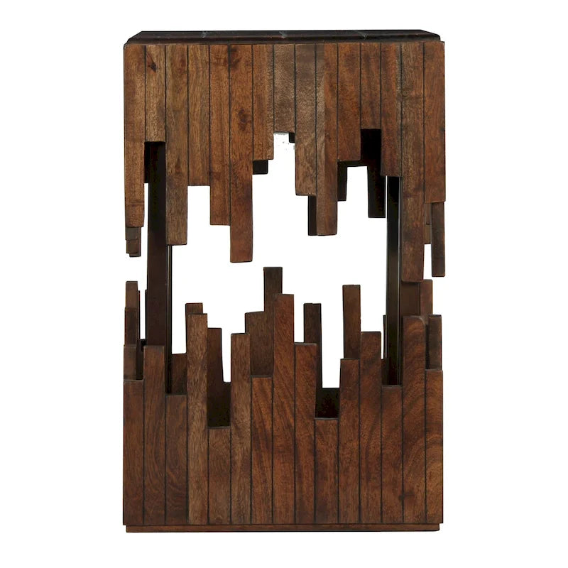 Mesa auxiliar decorativa de 24 pulgadas, madera de acacia marrón, superficie cuadrada de listones, silueta abstracta artesanal, hierro negro